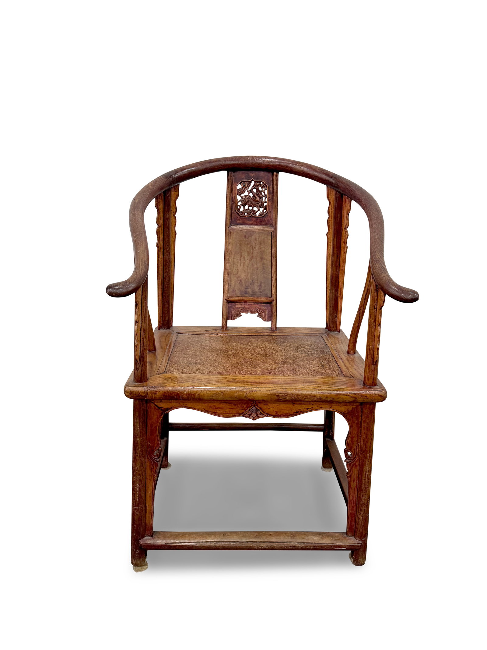 Chinese Horseshoe Back Chair,: set with carved and pierced centre splat, above a caned panel seat, raised on four cylindrical legs united by stretchers