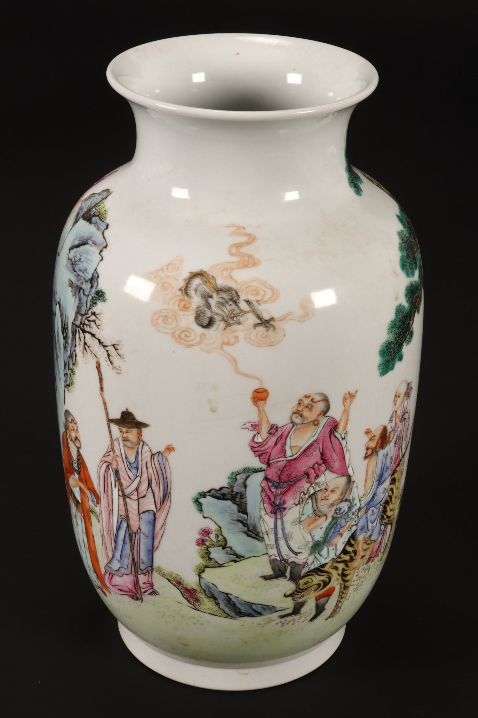 Chinese Republic Period Porcelain Vase,: of ovoid form with a flared rim, decorated continuously with figures, tiger and deity in and outdoor landscape with tree, rocky outcrops and dragon, in tones of pink, green, blue and orange, blue seal
