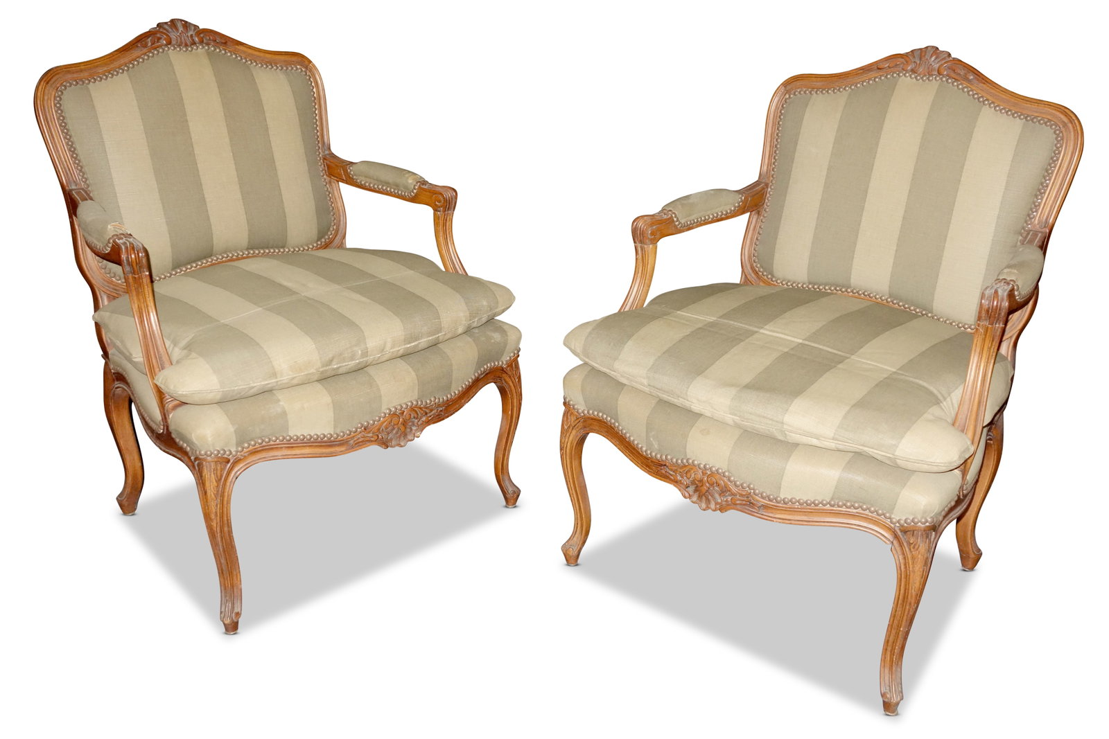 Pair Louis XV Style Fauteuils,: 2nd half 20th century, in two tone olive upholstery, some minor wear to fabric on arms, height 94cm x width 67cm