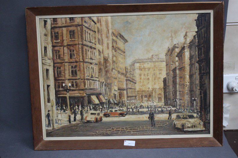 George Byfield,: The Martin Place Sydney Oil on board Signed and titled verso 43cm x 60cm