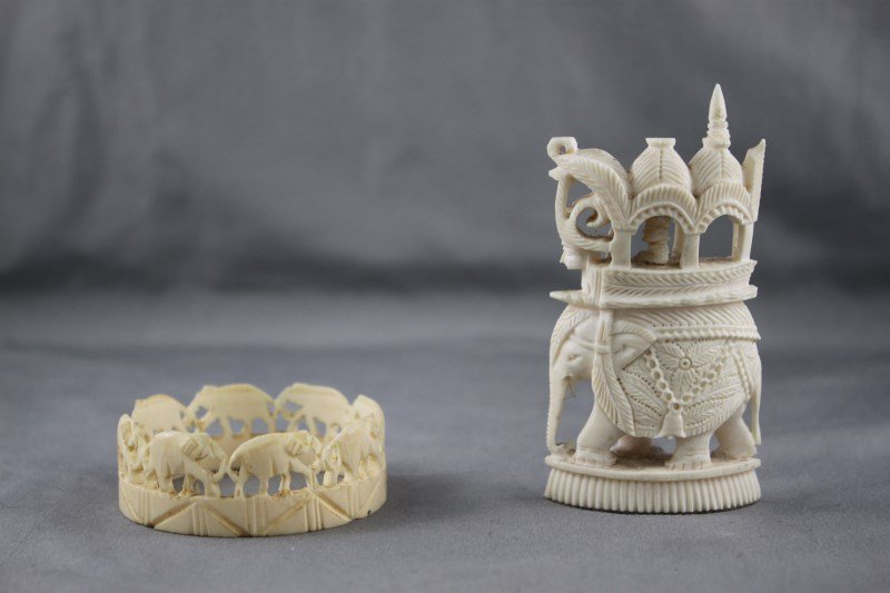 Carved Ivory Elephant Pagoda,: together with a carved ivory napkin ring (2)