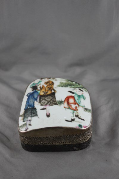 Chinese Porcelain and Silvered Box and Cover,: of curved for, decorated with porcelain cover of other and children, 13cm x 11cm
