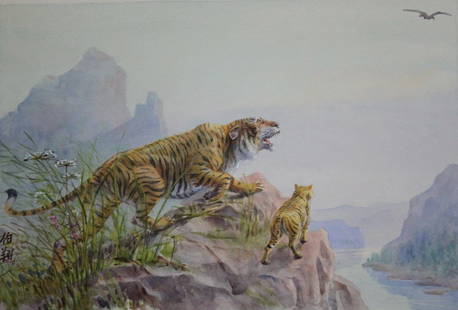 Hu Boxiang (1896-1989),: Tiger and Cub c.1926 Watercolour Signed lower left 27cm x 39cm Provenance: W.A Pennell, then by descent (see Lot 364) Catalogue Note (see Lot 364)