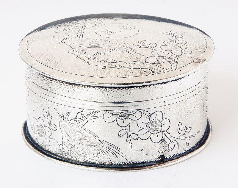 Chinese Late Qing Dynasty, Export Silver Box and: Cover, by Yok Sang, Shanghai, of circular form, with central monogram roundel, surrounded by bird on prunus branch, impressed makers marks to base, d 10cm