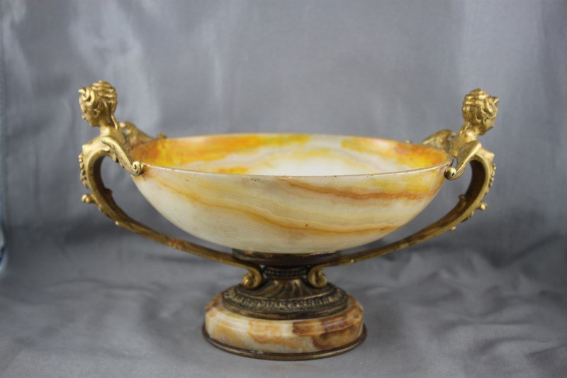 Good 19th Century Twin Handled Ormolu and: Alabaster Pedestal Bowl, with a oval shaped bowl, flanked by caryatdis handles, on circular foot, 13cm x 23cm