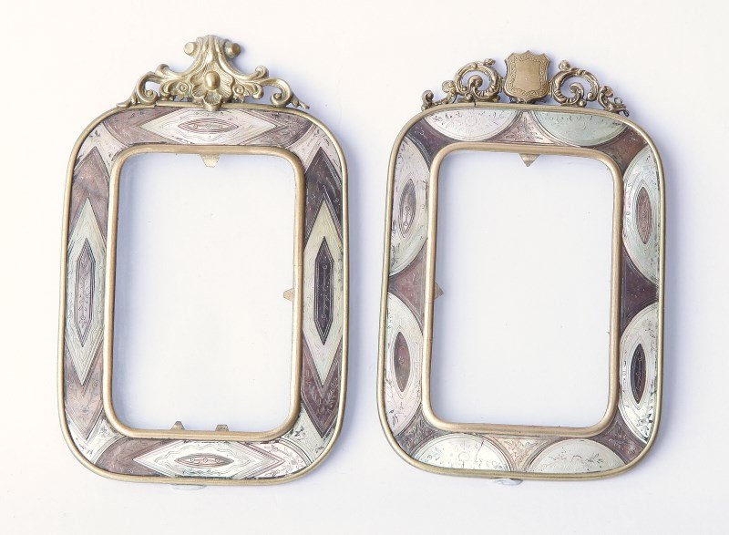 Fine Pair of 19th Century French Frames,: of rectangular form, with a central shield flanked by scrolls, above a border of abalone shell, engraved with floral sprays, h 13cm (2)