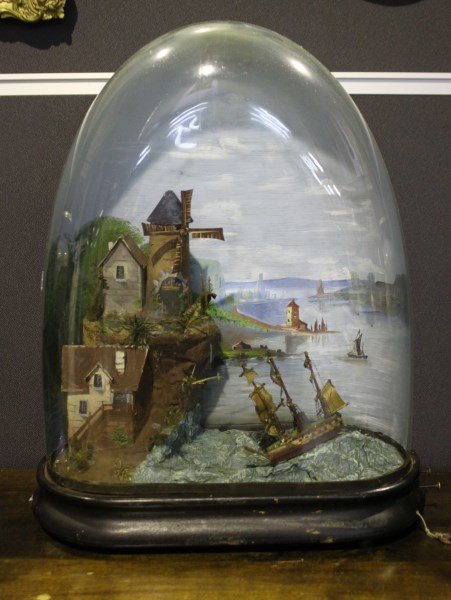 20th Century Automaton,: depicting a ship on the high seas coming into a harbour, h 47cm