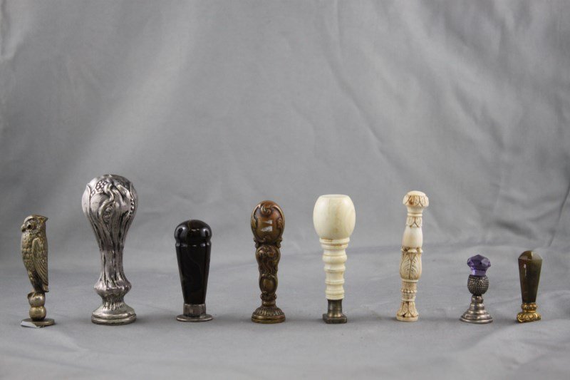 Eight 19th Century Table Seals,: in ivory, silver, brass and agate, (8)