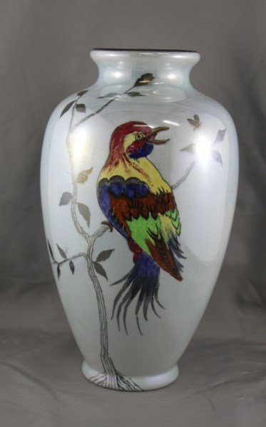 Empire Ware Porcelain Vase,: of ovoid form, decorated with a parrot seated within a tree, in lustre tones of red, blue, yellow and green on a pale blue ground, h 23cm
