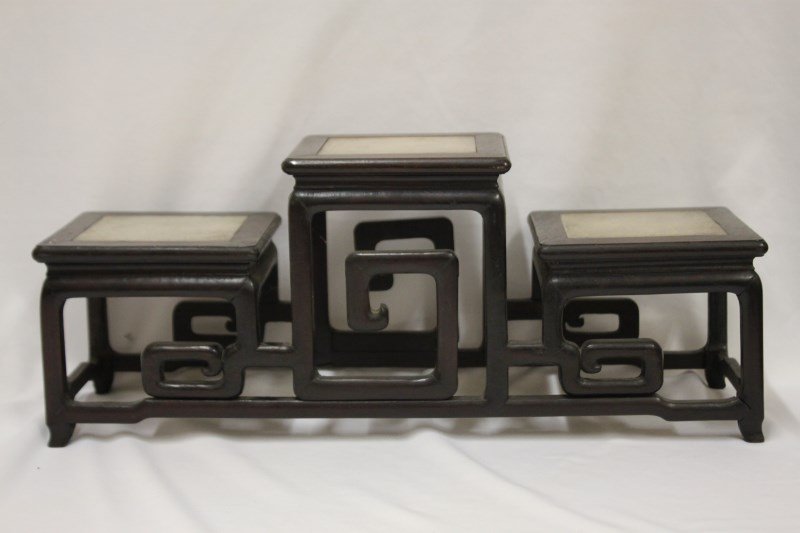 Good Chinese Wood and Marble Three Tier Stand,: with a central marble inset stand, flanked by similar stands, l 45cm, 17cm
