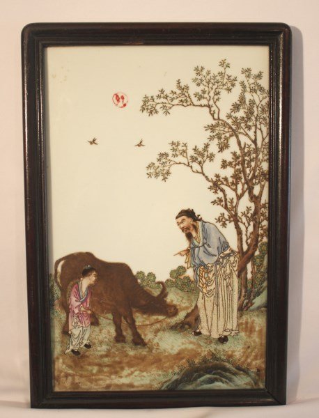 Chinese Painted Porcelain Panel,: of rectangular form, decorated with an image of man, boy and ox, 38cm x 24cm