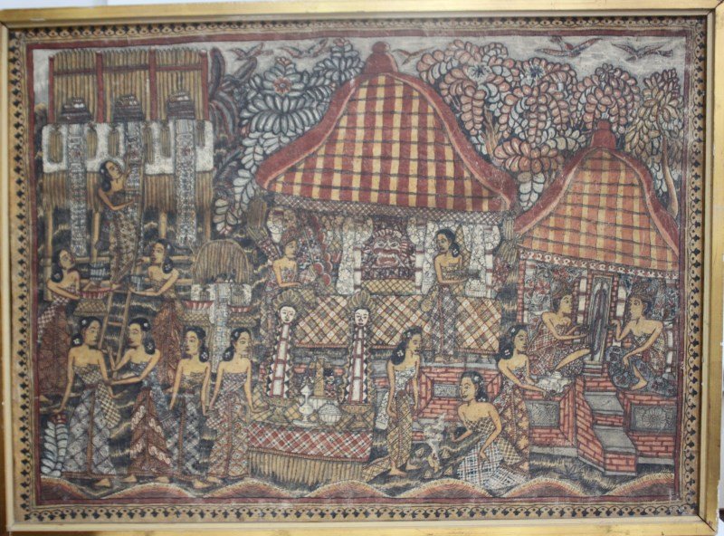 Three Balinese Art Works, c 1800,: on linen with vegetable pigment, decorated with scenes of figures, (3) Purchased by the present owner in London in the 1960's.