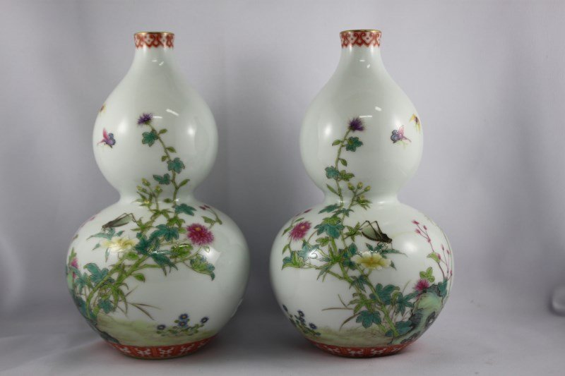 Chinese Porcelain Double Gourd Vase,: painted with polychrome enamels depicting flowering branches,cricket, bamboo with calligraphy and puce seal marks and six character mark to base, h 18cm