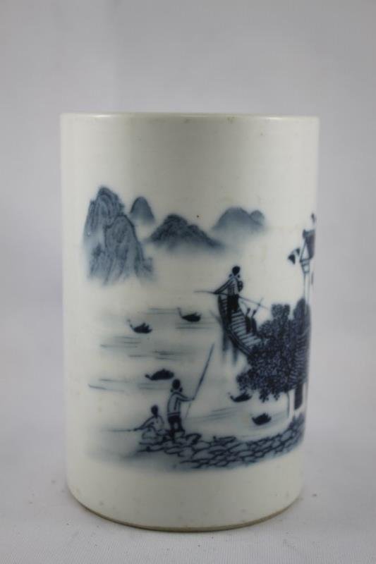 Chinese Blue and White Brush Pot,: painted with a village, lake, distant mountains with an inscription and six character mark to base h 11.5 cm
