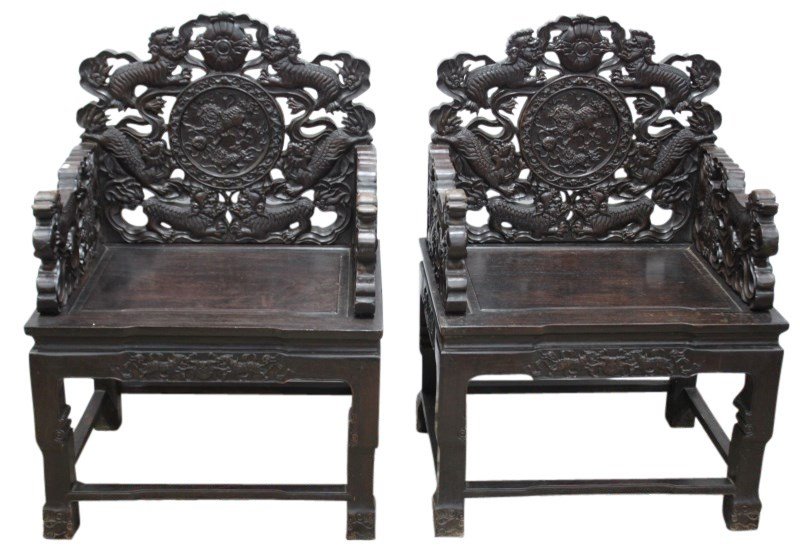 Pair of Chinese Armchairs and Tea Table,: with heavily carved arms and backs
