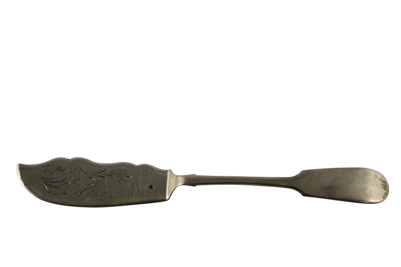 Stevenson of Adelaide Silver Fish Knife, c.1900,: marked Sterling and a device for Stevenson of Adelaide, fiddle pattern, scimitar blade engraved with floral motifs, weight 45gm, l 20cm