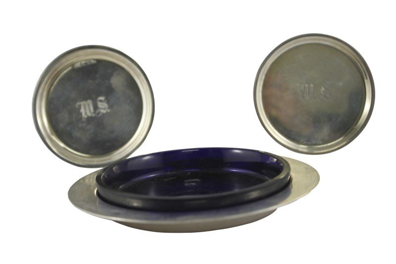 Australian Brunkhorst Silver & Glass Butter Dish,: marked Brunkhorst of Adelaide, c.1900, plain circular dish of open base, set with blue glass liner, weight 85gm (silver) d 13.5cm, together with two Fairfax and Roberts coasters, c.1920, engraved MS t