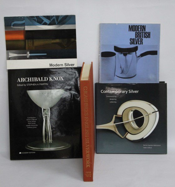Five Reference Books and Booklets on 20th Century: Silver, including 'Archibald Knox', Edited Stephen A Martin; 'C.R Ashbee's English Silverwork', catalogue of designs; 'Contemporary Silver commissioning designing collecting', Rabinovitch and Clifford
