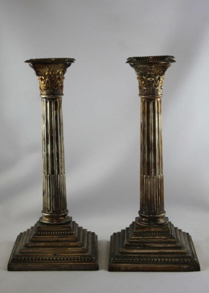 Good Pair of Edwardian Silver Plate Candlesticks,: in the form of Corinthian columns, on a square stepped base, h 24cm