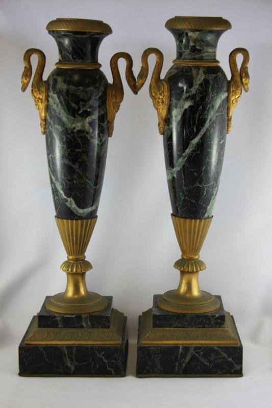 Wonderful Pair of French Vert Marble and Ormolu: Urns, of tapering form, with a pair of swan neck handles, above lobed knop support, on ormolu foot on a square stepped base, a/f, h 39cm