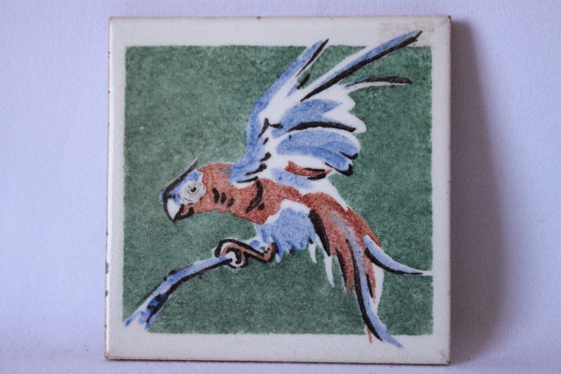 Minton Polychrome Glazed Tile,: depicting a macaw parrot, 10cm X 10cm,