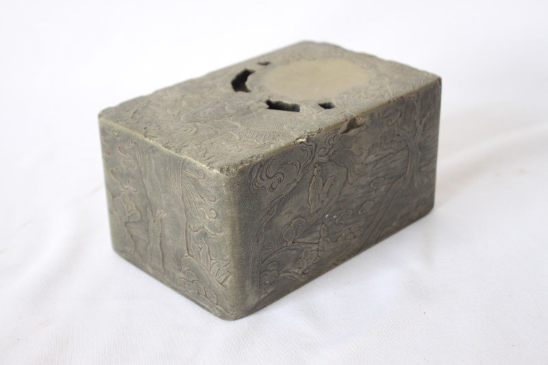 Good Chinese Duan Inkstone,: of deep rectangular form, carved in relief with village and figural scenes, marked to base and dated 20th year of Chein Lung, (1756), 8cm x 10cm x 16cm