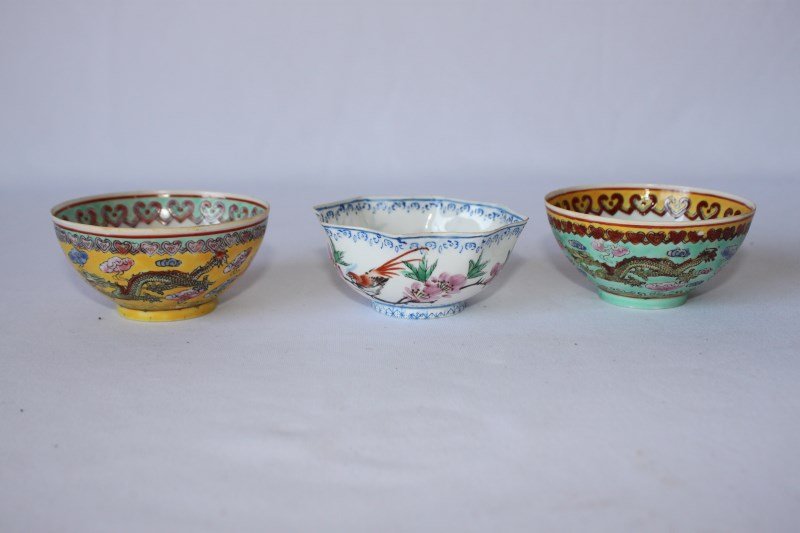 Three Chinese Egg Shell Porcelain Cups,: decorated in enamel, seal marks to base, (3)