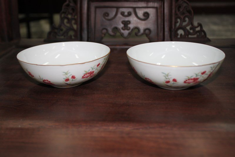 Pair of Chinese Porcelain Bowls,: beautifully painted with floral branches in tones of pink and green, on a circular foot, dragon mark to base, d 13.5cm (2)