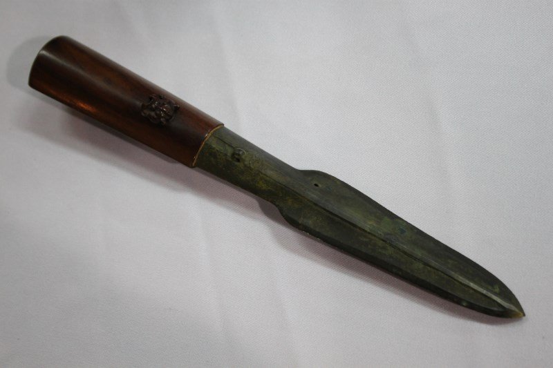 Chinese Bronze Spear Head Flag Point,: with a later carved handle, decorated with masks