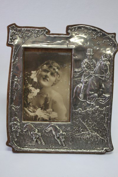 Edwardian Sterling Silver Photo Frame,: hallmarked, Birmingham, 1905, decorated with hunting scene, 24cm x 20cm