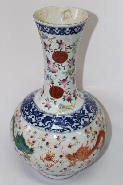 Chinese Famille Rose Vase,: of globular form, decorated dragons and peaches, in tones of iron red, pink, blue, white and yellow, seal mark to base, h 40cm