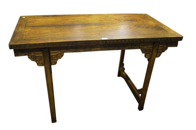 Chinese Hardwood Altar Table,: with a deep rectangular top, above a border of Greek key motif, above a apron of Taoist motif, on four straight legs, united by stretcher, 84cm x 137cm x 70cm