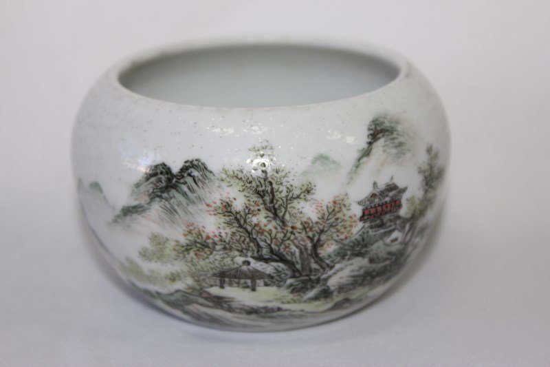 Chinese Porcelain Brush Washer,: of baluster form, decorated with mountain landscape. calligraphy verso, d 8cm