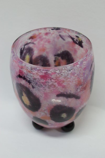 Charles Schneider 'Jade' Glass Vase,: in mottled tones of pink and purple, raised on three feet, with acid etched signature. h 25cm,