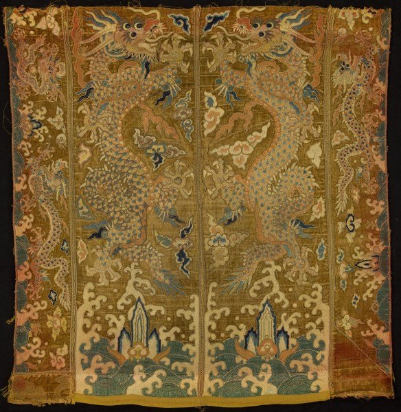 Rare Example of Wanli Period, Ming Dynasty 1573-1620,: Three Eyed Dragons Velvet Panel, each panel consists of four sections each with different depictions of eyed dragons, in tones of gold, orange, blue and white, 60cm x 58cm