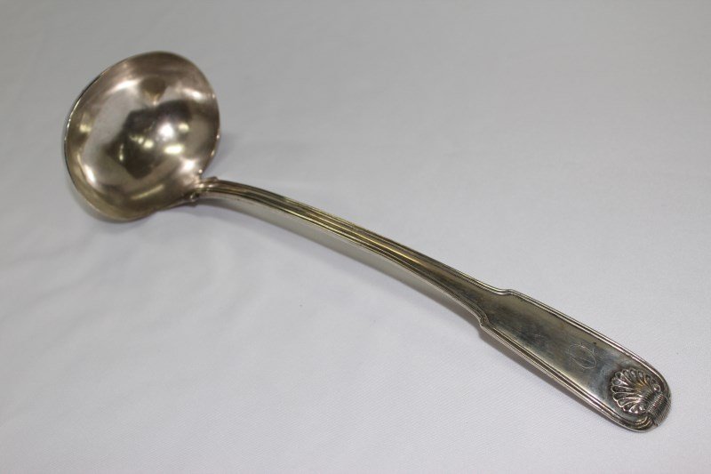 Large Silver Ladle,: fiddle, thread with shell pattern, with spurious British hallmarks, weight 300gms