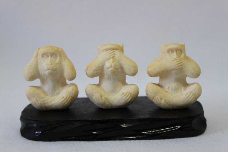 Three Japanese Meiji Period 'Wise Monkeys',: three well carved figures seated cross legged on a wooden stand, l 10.5cm (3)