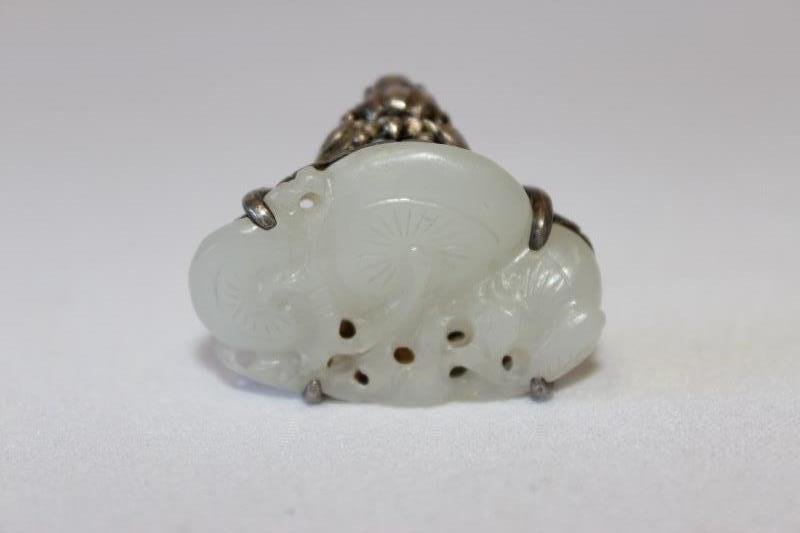 Large Chinese Jade and Silver Ring,: mutton fat jade carving of Lingzhi set in a silver band,