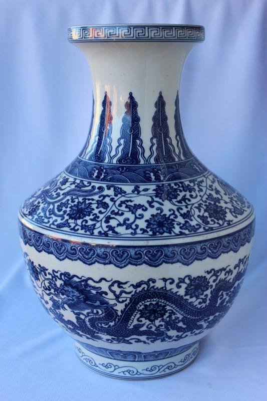 Chinese Blue and White Porcelain Vase,: decorated with tradition motifs of Dragons, Phoenix and floral tendrils, blue seal mark to base, h 38cm