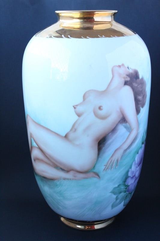 Large Furstenberg Porcelain Vase,: ovoid form vase with gilt neck and foot, later hand painted reclining nude signed 'Maxine Ray', with blue factory mark to base, h 49cm