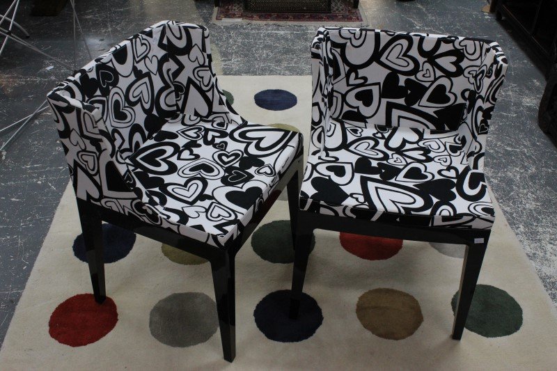 Pair of Contemporary Stark Design Kartell: Mademoiselle Chairs,upholstered in black and white heart fabric, 75 x 49 x 47cm