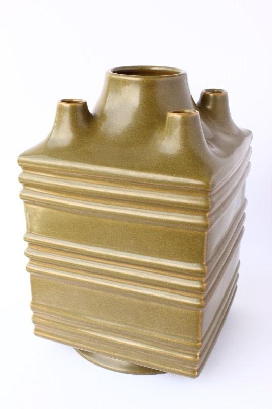 Chinese Porcelain Cong Vase,: square section Cong vase with five necks, tea leaf glaze, impressed seal mark to base, h 28cm