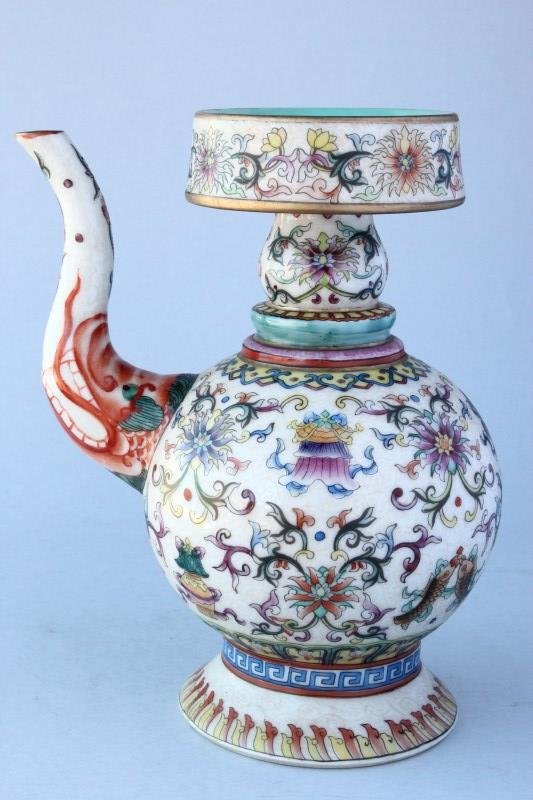Chinese Porcelain Wine Ewer,: with famille rose decoration of auspicious Buddhist symbols and flowers, blue period mark to base, h 20cm