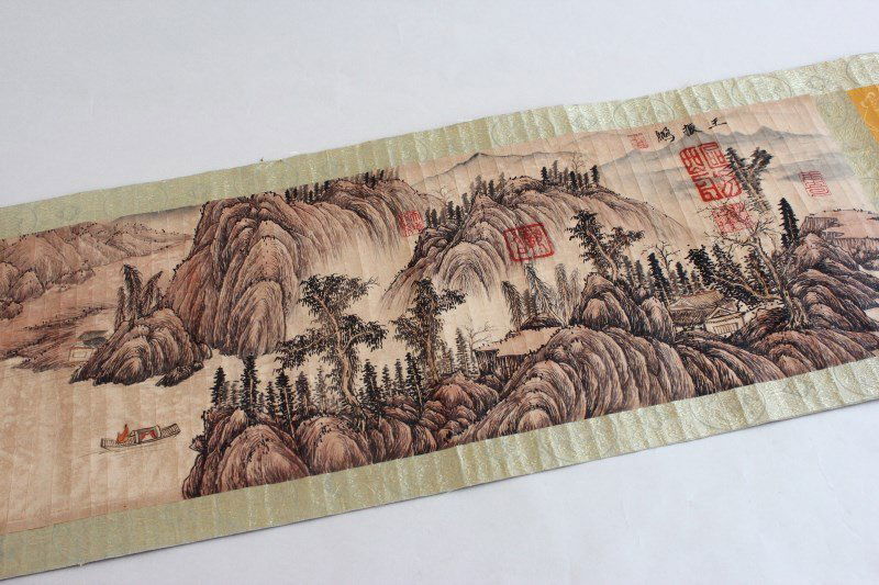Chinese Scroll,: of narrow rectangular form, decorated with calligraphy and landscape of mountains