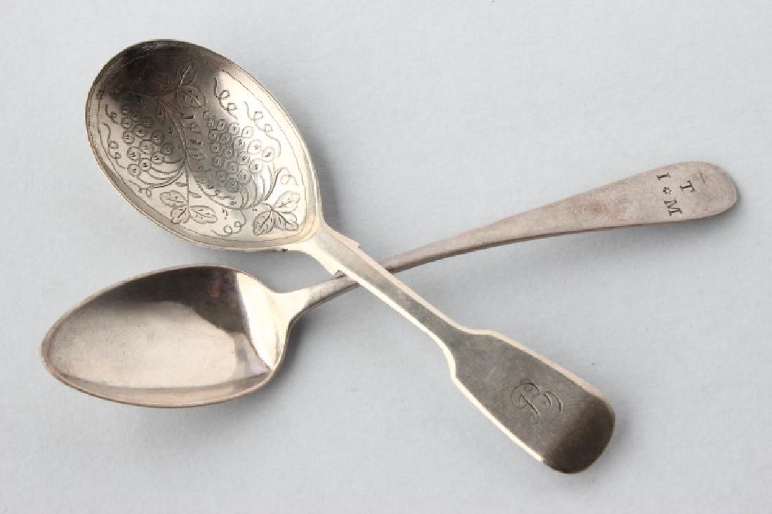 Sterling Silver William Bateman Teaspoon together: With a Caddy Spoon, the teaspoon hallmarked London, 1820, William Bateman, Old English Pattern, initialed "T over IM", the caddy spoon hallmarked London, 1834, Charles Lias, fiddle pattern with engrav