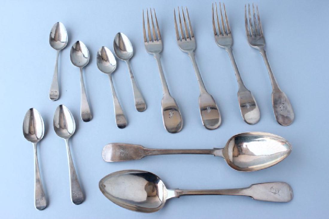 Collection of Early 19th Century Sterling Silver: Newcastle Flatware, including four fiddle pattern table forks hallmarked Newcastle,1806, Ann Robertson, intialed "F"; pair fiddle pattern table spoons, hallmarked Newcastle, 1823, John Walton, initial