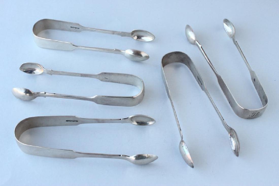 Five Exeter Sterling Silver Pairs Sugar Tongs,: all fiddle pattern and hallmarked Exeter: 1) 1857, John Stone; 2) 1855, J and J. Williams of Bristol; 3) 1858, J and J. Williams of Bristol; 4) 1840, William Pope of Plymouth; 5) 1829, William Henry L