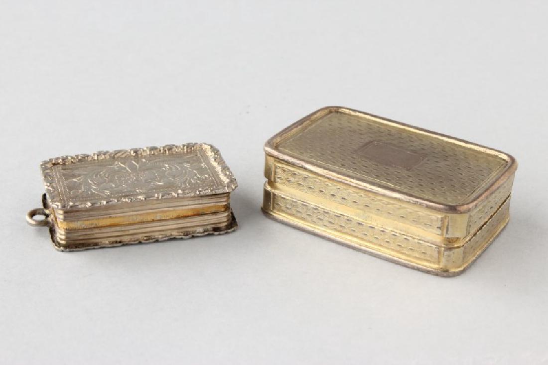 Two Sterling Silver Vinaigrettes By Joseph: Willmore, the smaller hallmarked Birmingham, 1832, with foliate scroll engraved lid, floral motif base and an applied foliate border, ornate grill; the larger hallmarked Birmingham, 1839, with engine 