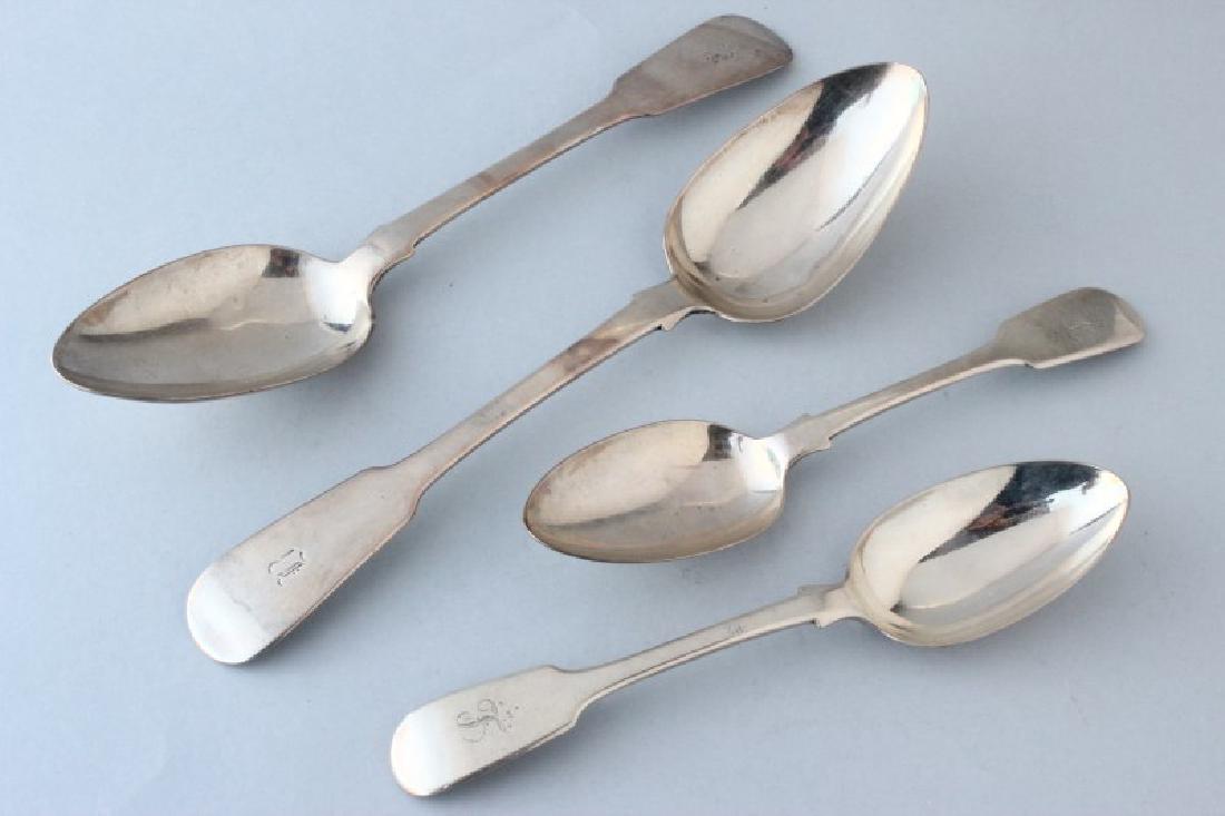 Pairs of Newcastle Sterling Silver Table and: Dessert Spoons, pair fiddle pattern table spoons hallmarked Newcastle, 1831, Thomas Wheatley, initialed "B"; pair fiddle pattern dessert spoons hallmarked Newcastle, 1841, John Walton, initialed "L"; 