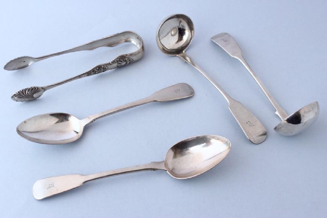 Melange of William IV and Victorian Glasgow: Sterling Silver Items, the pair of sauce ladles hallmarked Glasgow, 1842, possibly William Hannay, fiddle pattern, initialed "K"; the pair of dessert spoons hallmarked Glasgow 1835, Robert Gray and So